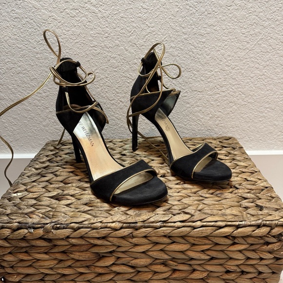Stuart Weitzman Shoes - Stuart Weitzman Velvet Black Heels with Gold  Tie Up The Ankle Straps